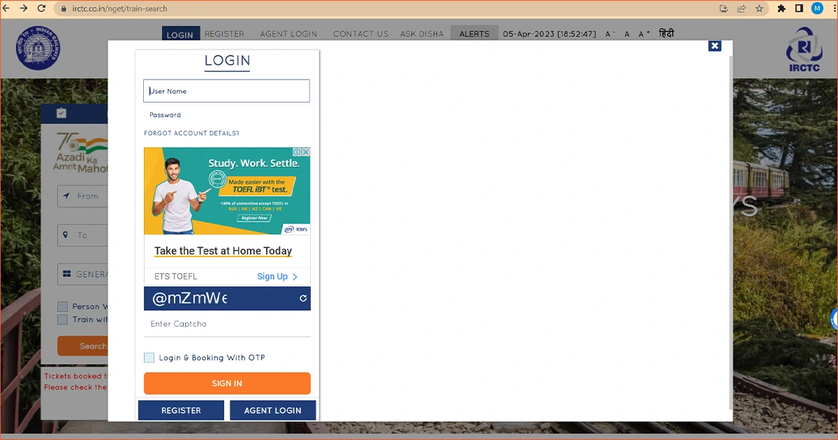 Log in to IRCTC with your registered ID and password