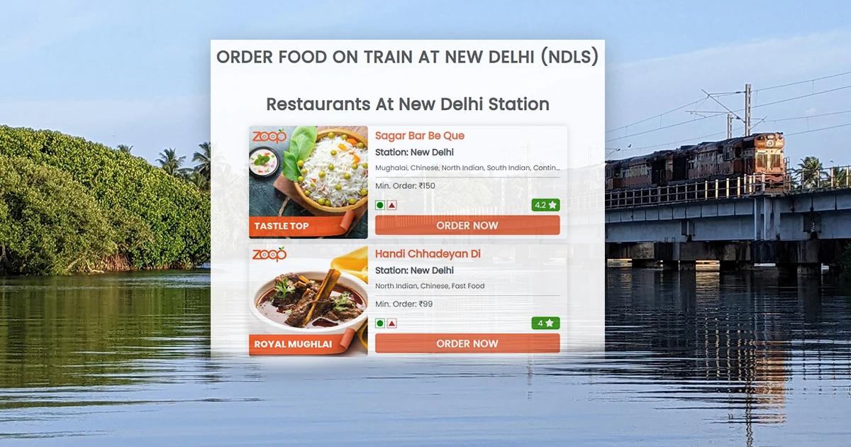 food in train from Zoop at railway stations like New Delhi to enjoy meals on train